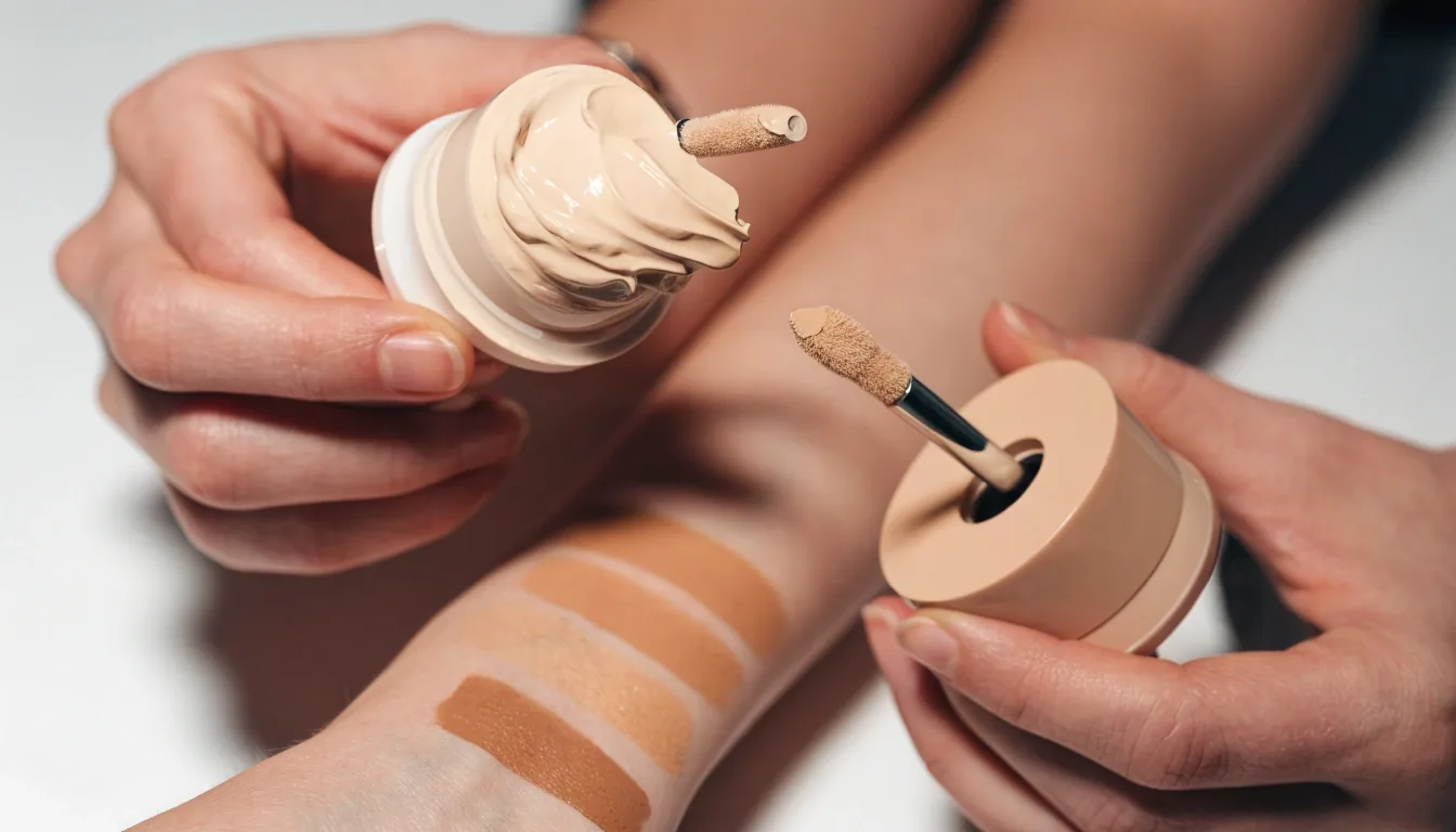 Closed cream blush compact with a brush laid diagonally on a dark surface