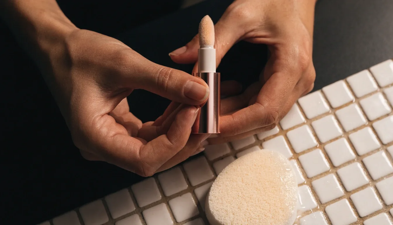Concealer tube and applicator beside a mixing tile on a dark table