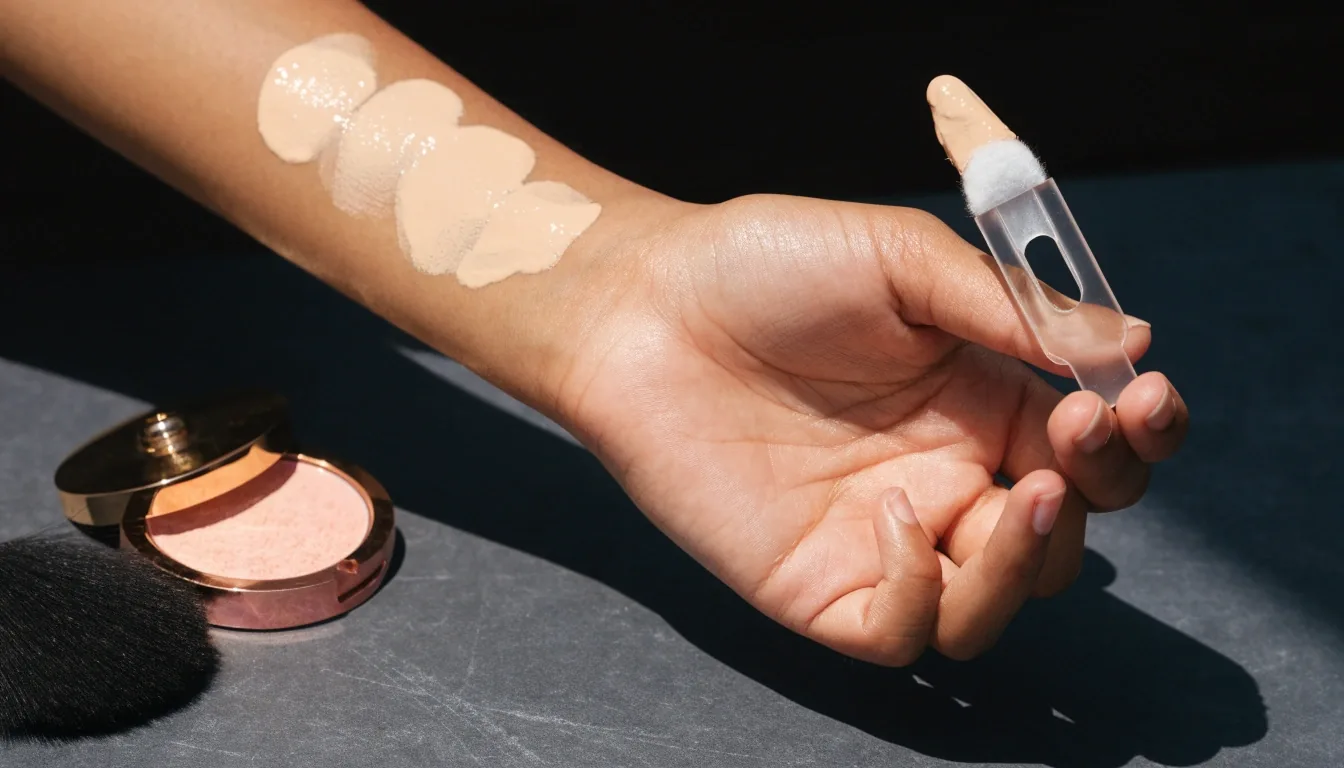 Open blush compact with a soft fan brush on a dark editorial surface