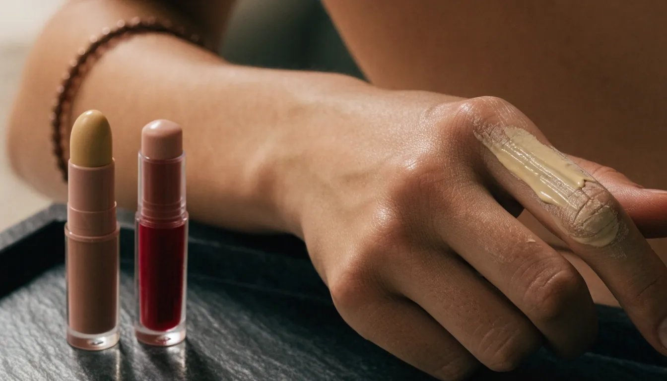 Tinted lip balm and clear gloss on a dark slate tray with a hand reaching in