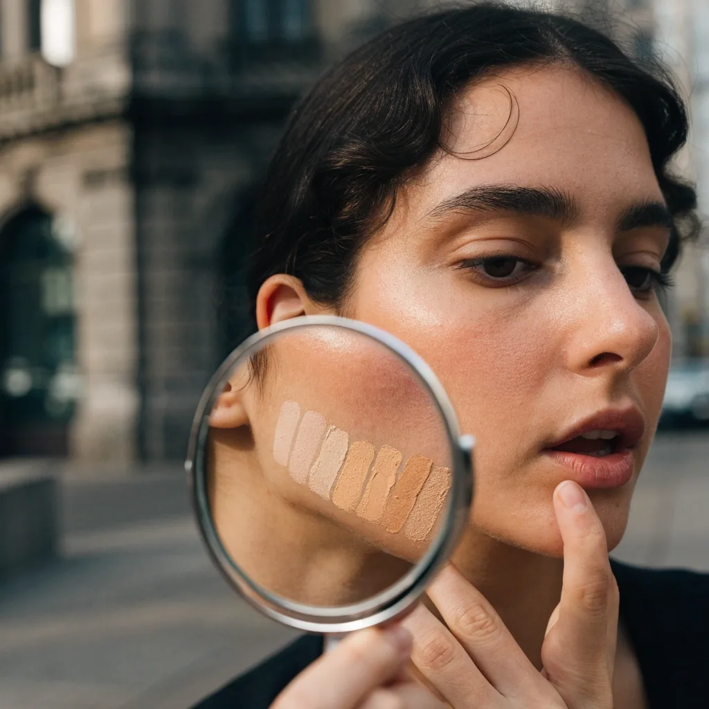 A woman checking a jawline swatch in a hand mirror on a city sidewalk in daylight