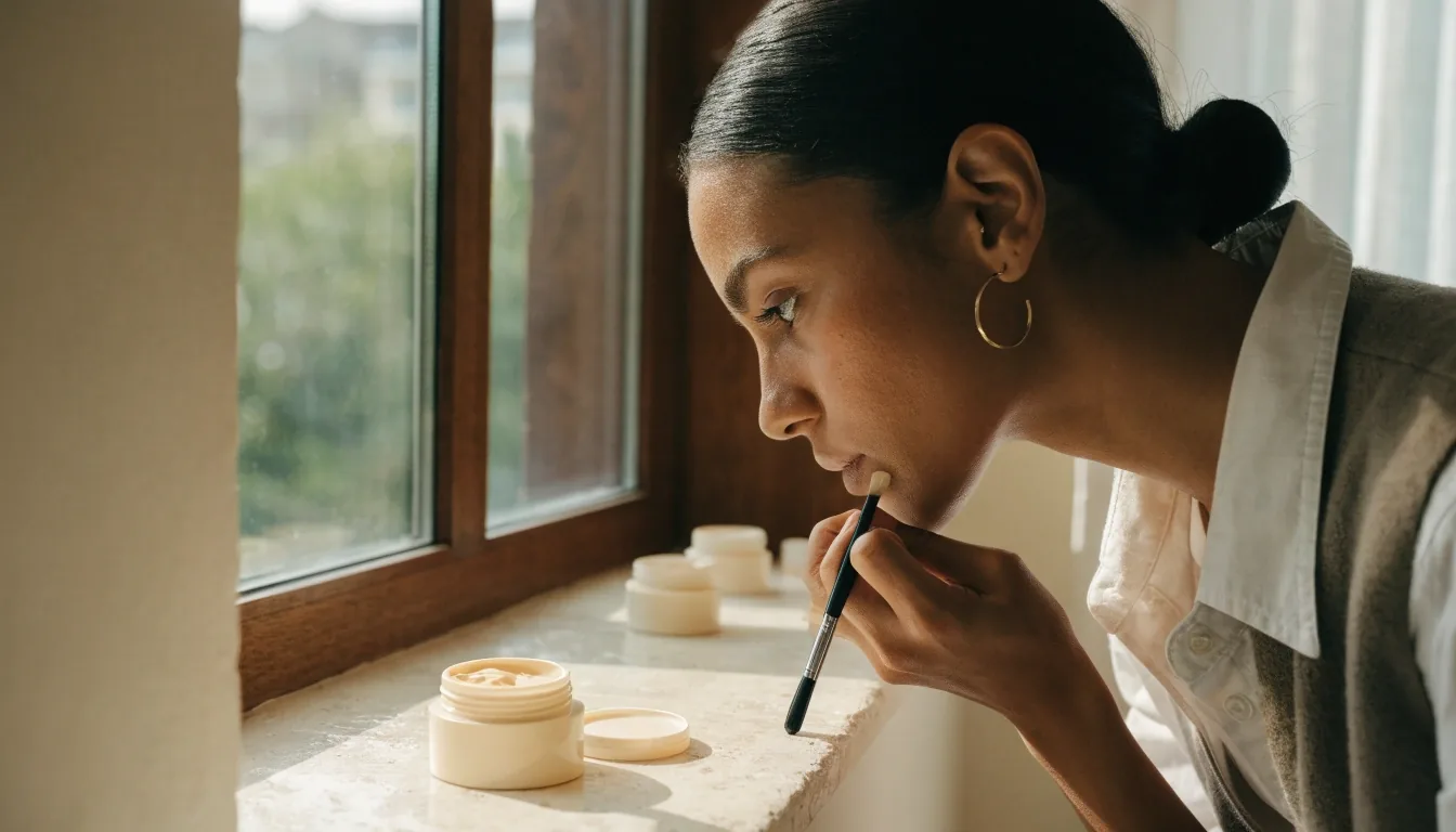 A woman checking her complexion shade at a window in daylight with a brush and open makeup pots