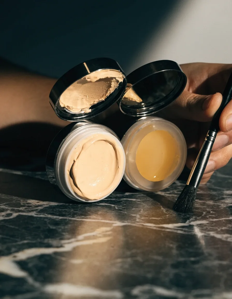 A brush beside two open complexion pots with cream and liquid textures on dark marble