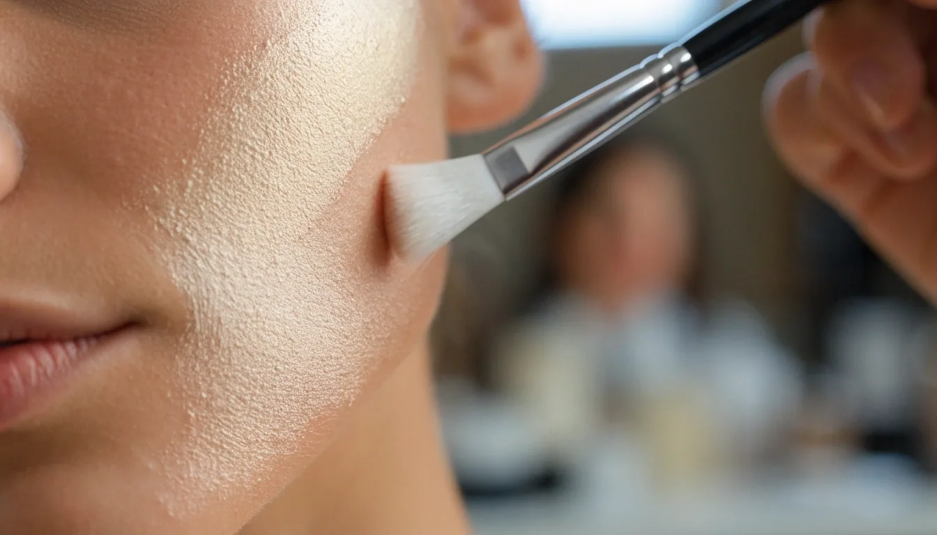 Hands applying concealer with a brush to a client's cheekbone over a palette tray