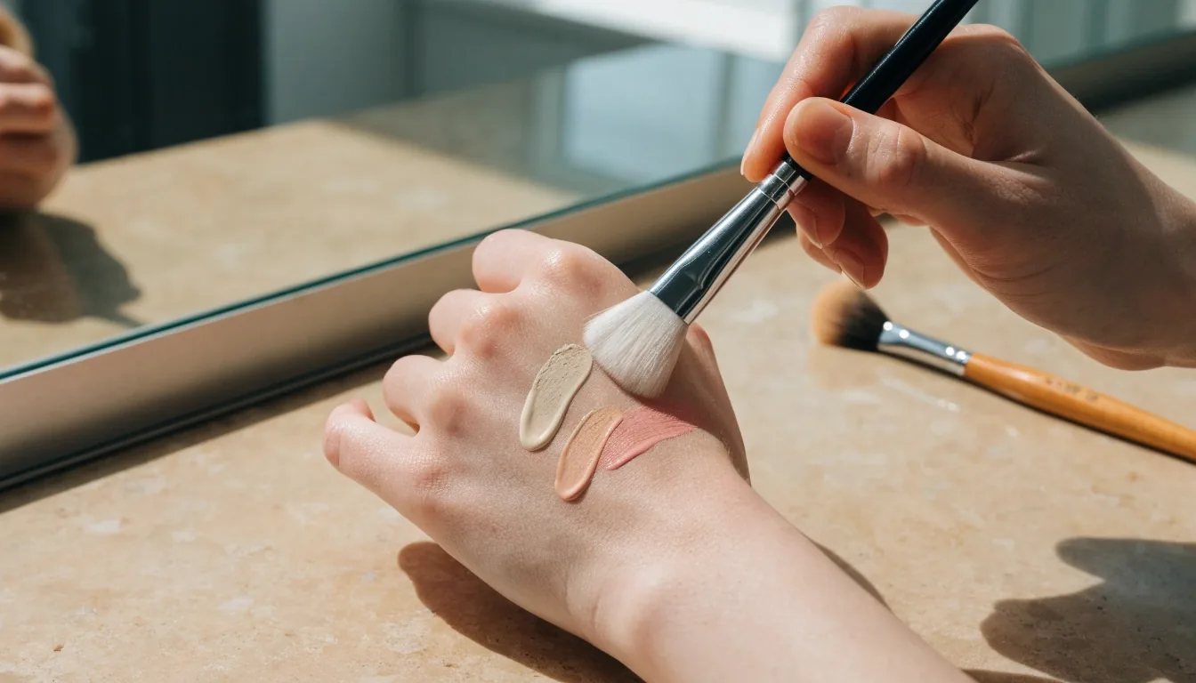 Editorial writer comparing blush and concealer pans on a desk in the journal office