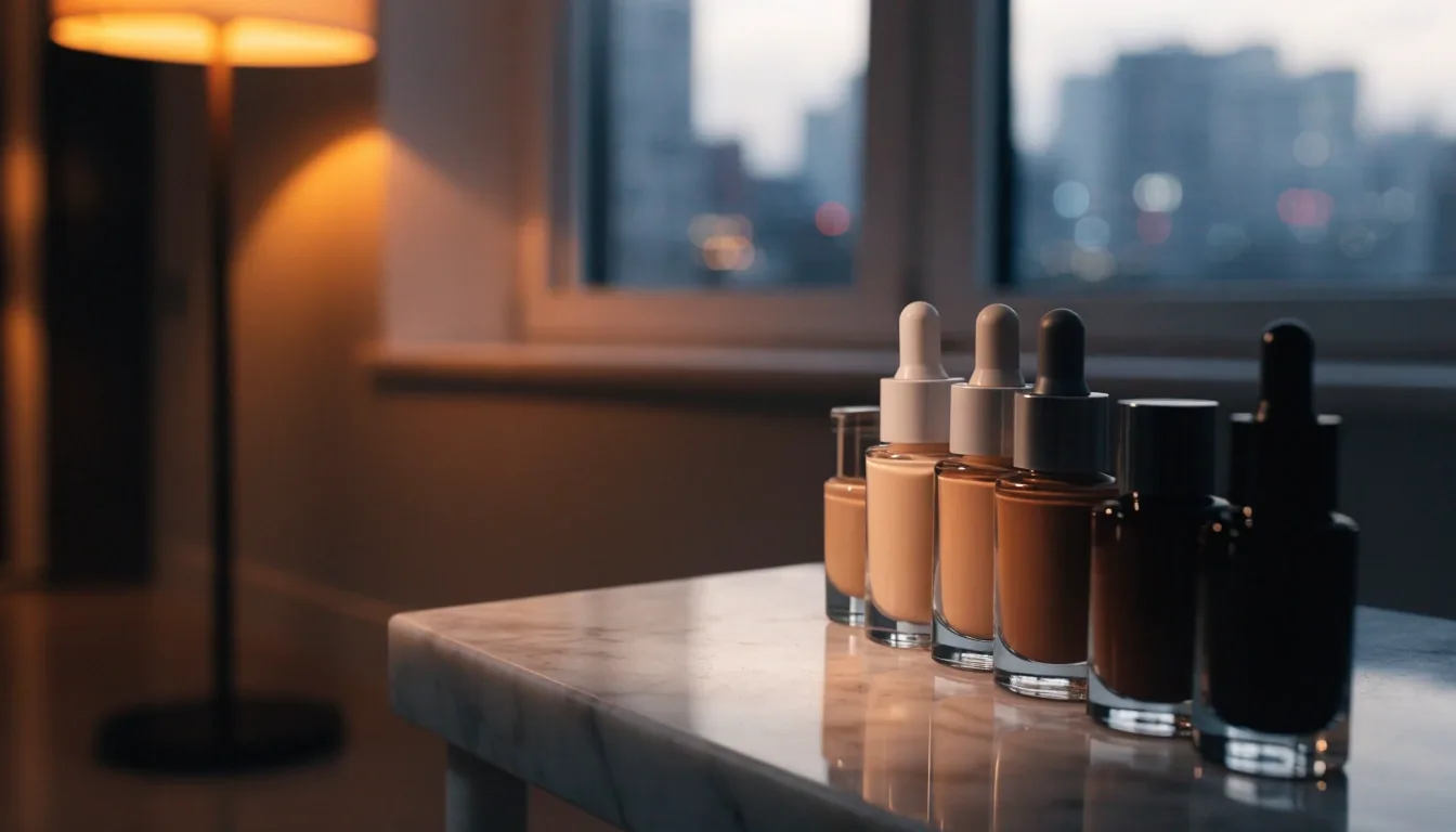 Quiet editorial office corner at the end of the day with a tray of makeup products