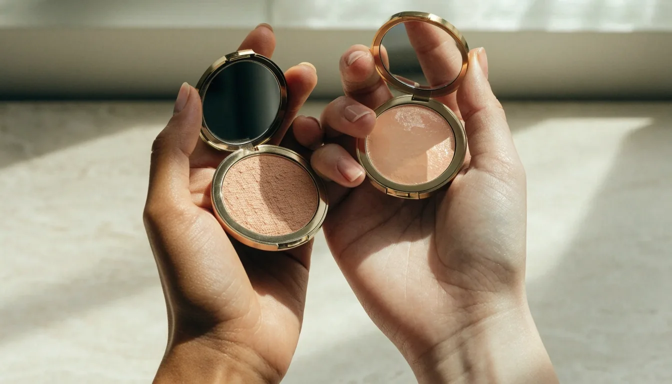 Two makeup pans held side by side in window light for a finish comparison