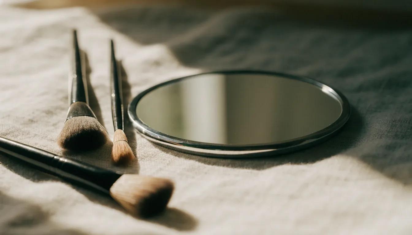 Compact mirror and makeup brushes on pale linen in raking morning light
