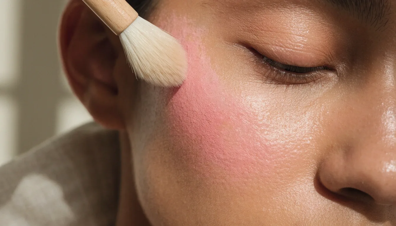 Makeup artist's marble station with an open blush compact, brush and loose powder in soft window light