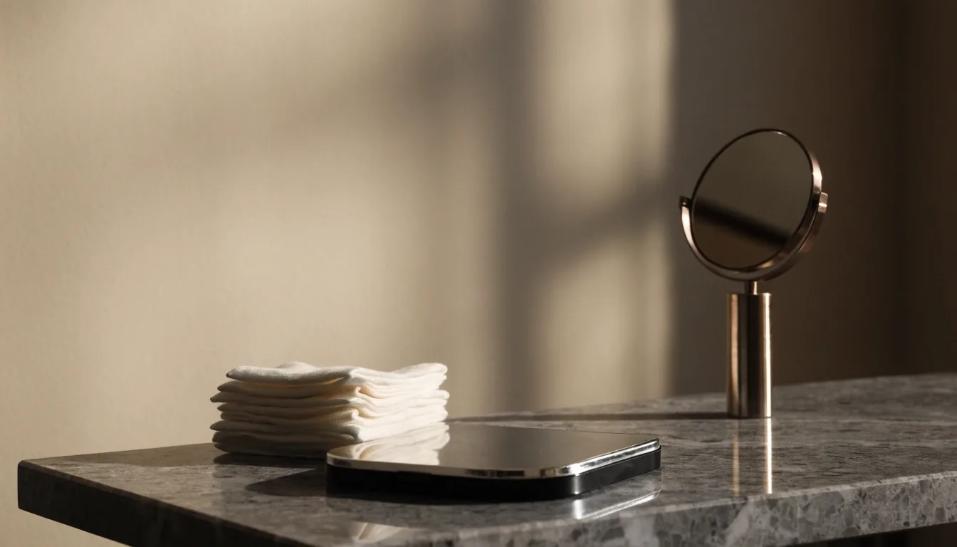 Quiet studio corner with a closed palette, folded cotton pads and a hand mirror in late light