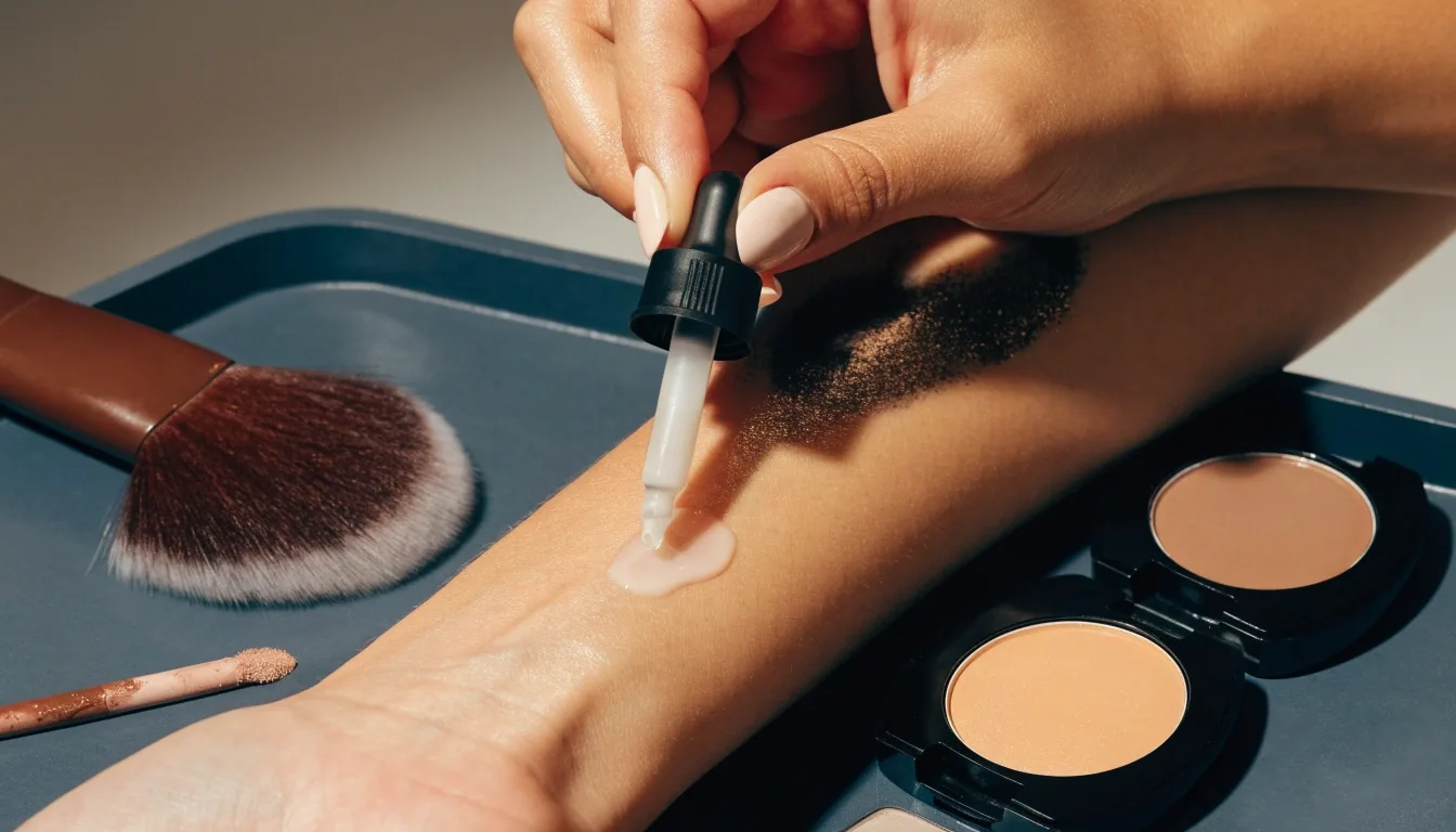 A makeup artist's tray with a complexion brush, two slim compacts and a clean cotton cloth on a dark surface