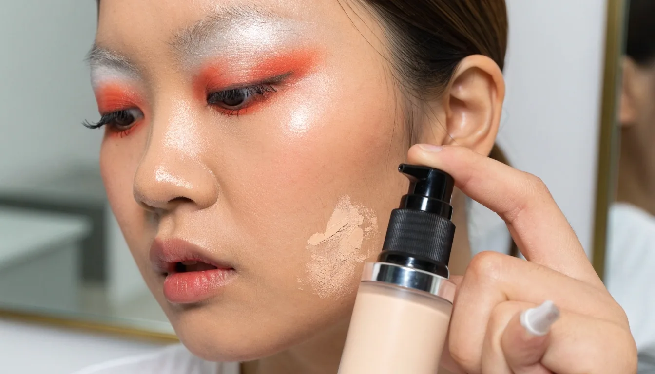 A hand annotating a printout beside a concealer tube and a dish of cream swatches on a dark desk