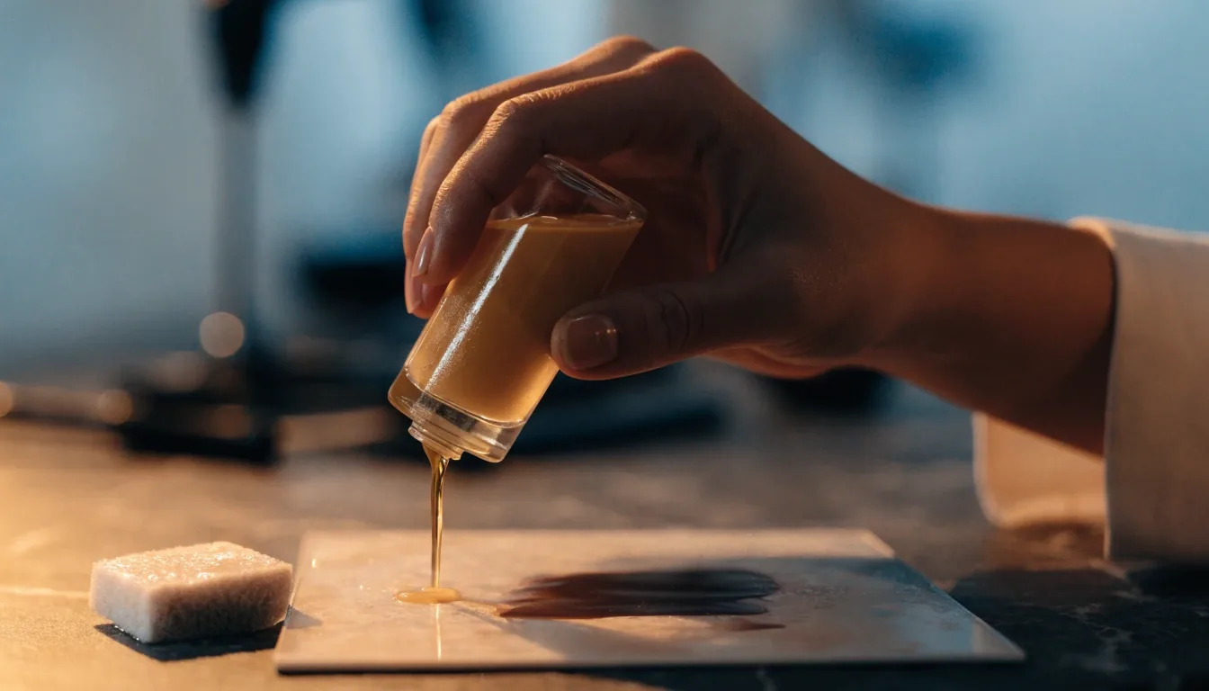 A glass bottle and slim compact on a dark stone counter in soft amber light