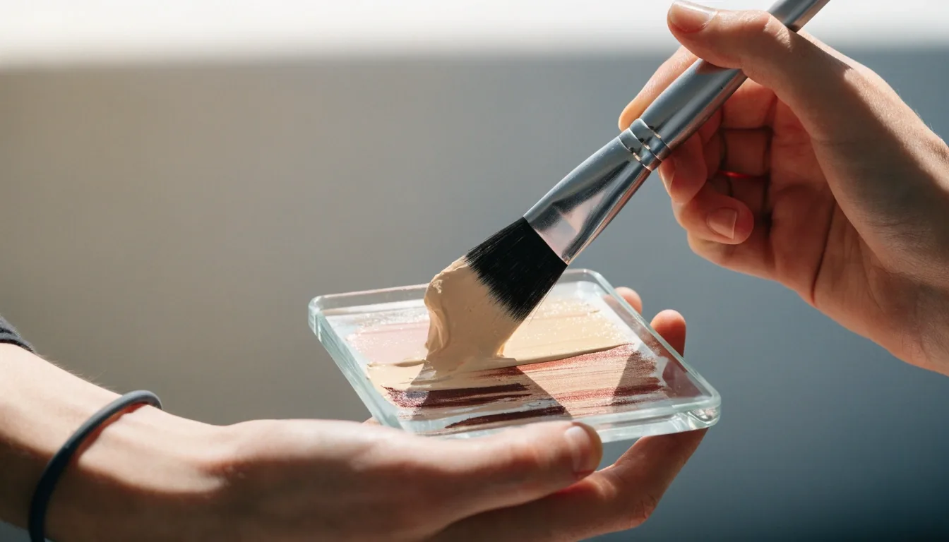 Hands pressing an angled brush into a warm blush pan on a dark studio counter