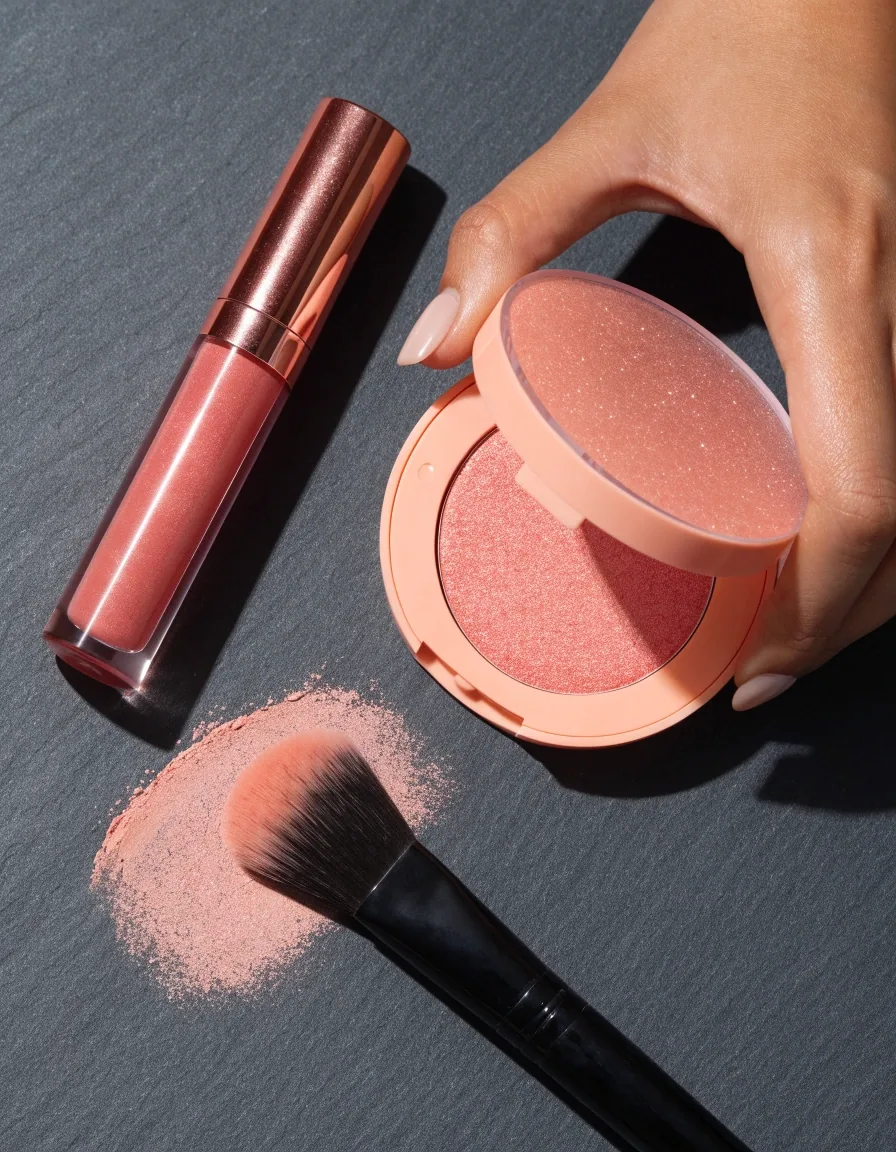 A peachy-pink cheek compact beside a tinted lip balm on a dark surface
