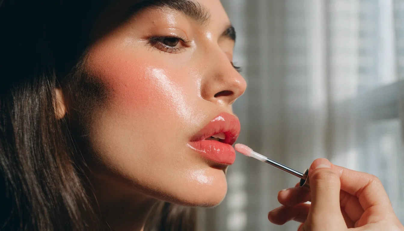 A woman in profile with glossy lips and minimal base makeup