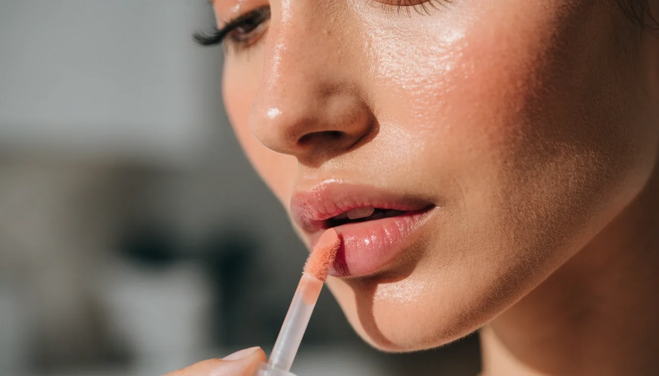 A woman applying a soft tinted lip balm to her lower lip