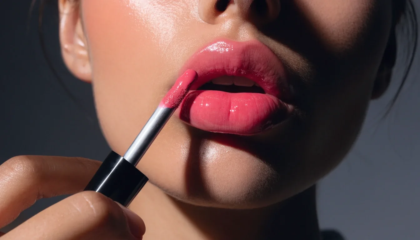 A woman pressing her lips together after applying a glossy lip finish