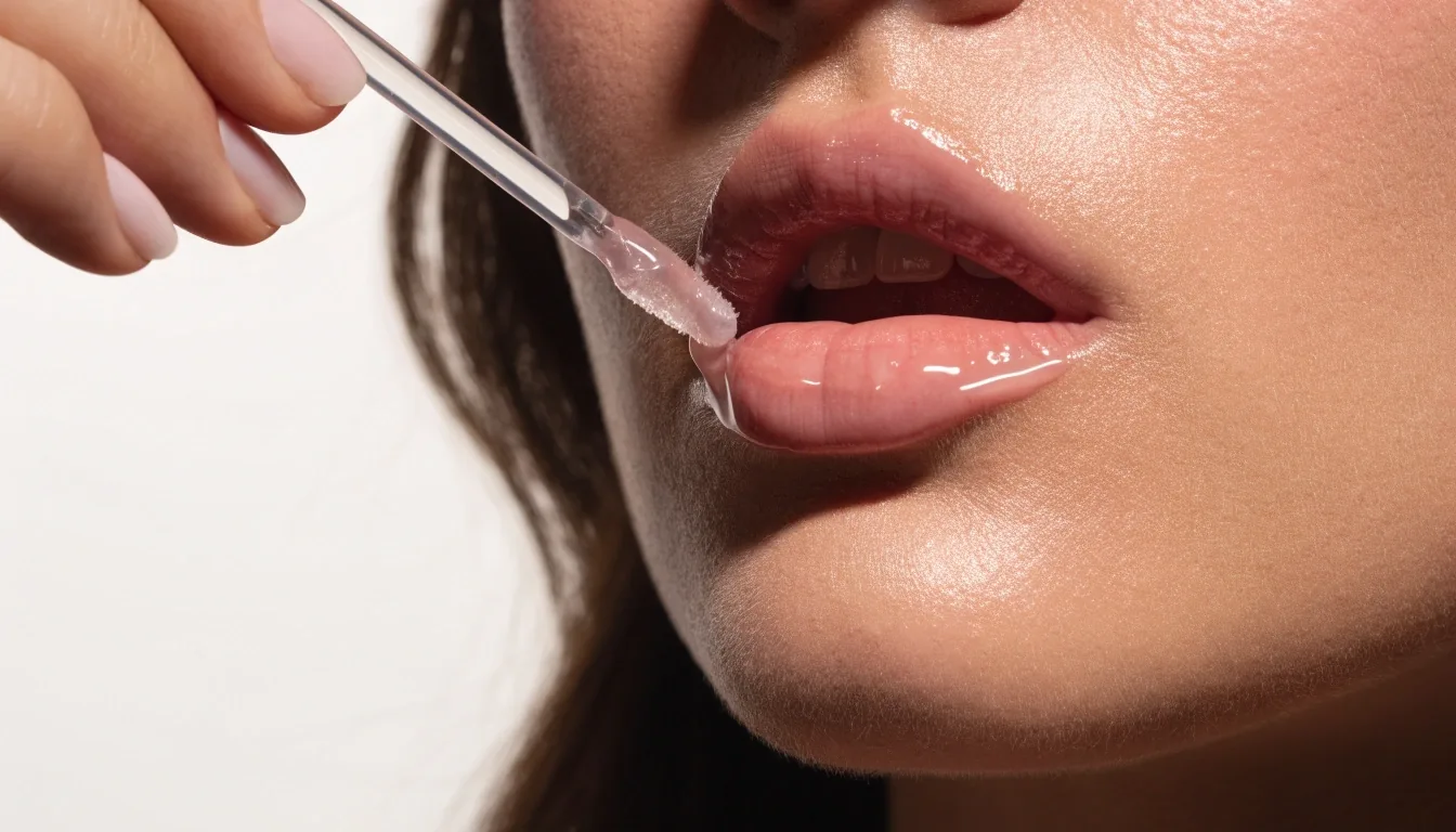 A gloss wand lifted from its tube with a drop of clear gloss on the applicator