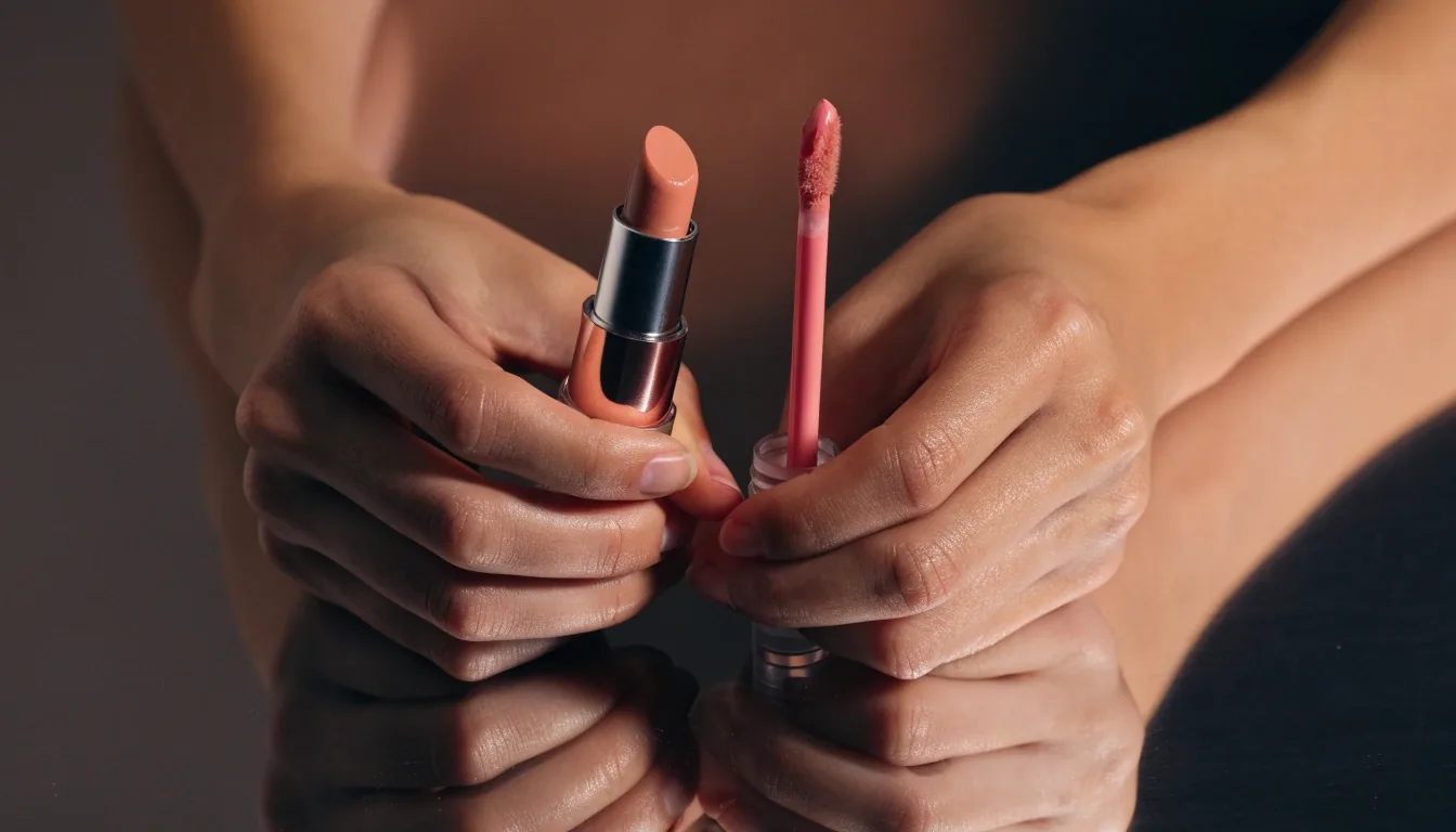 A tinted balm bullet and a gloss wand held side by side over a dark surface