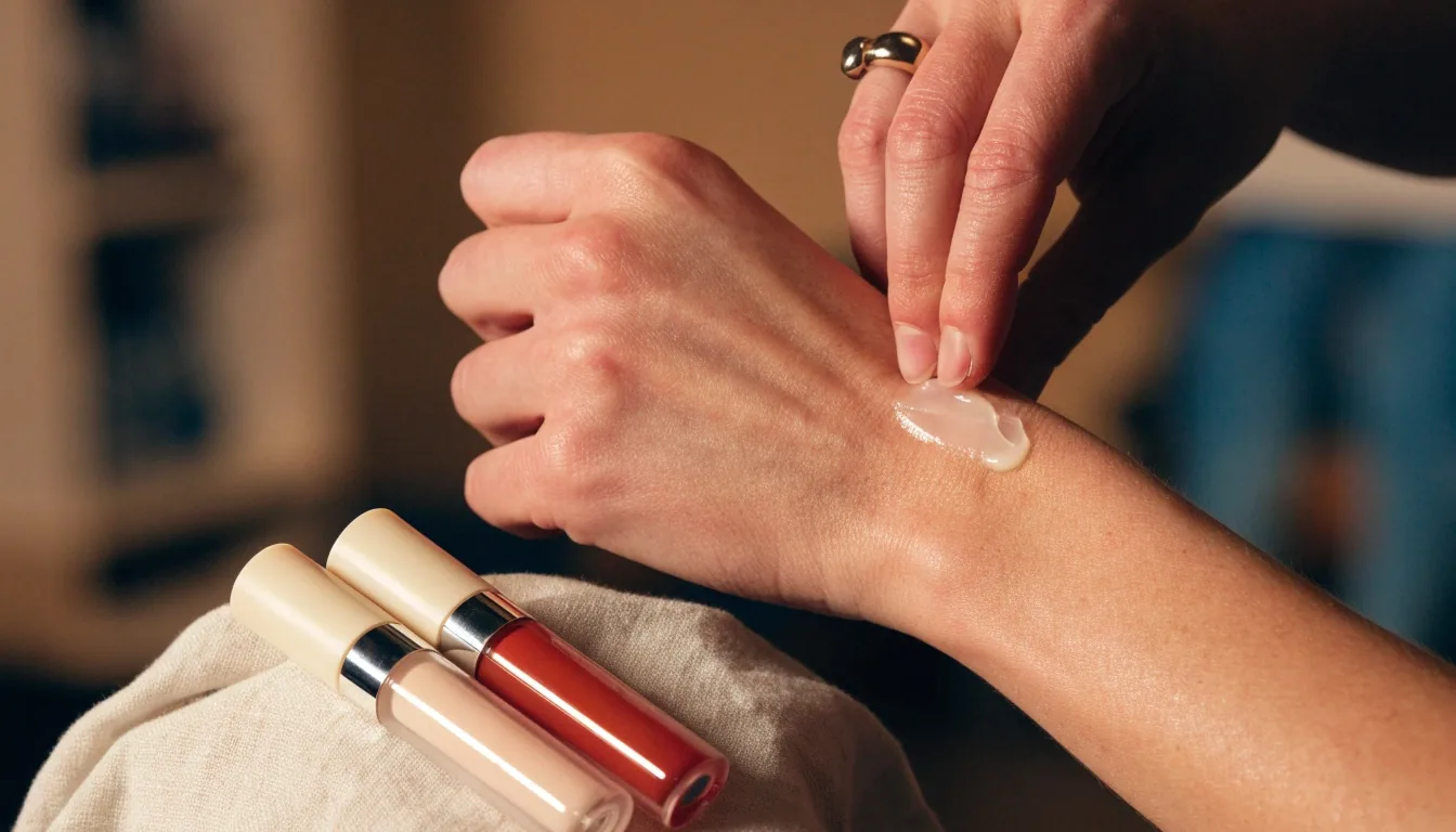 A tinted lip balm and a gloss tube resting together on a dark stone surface