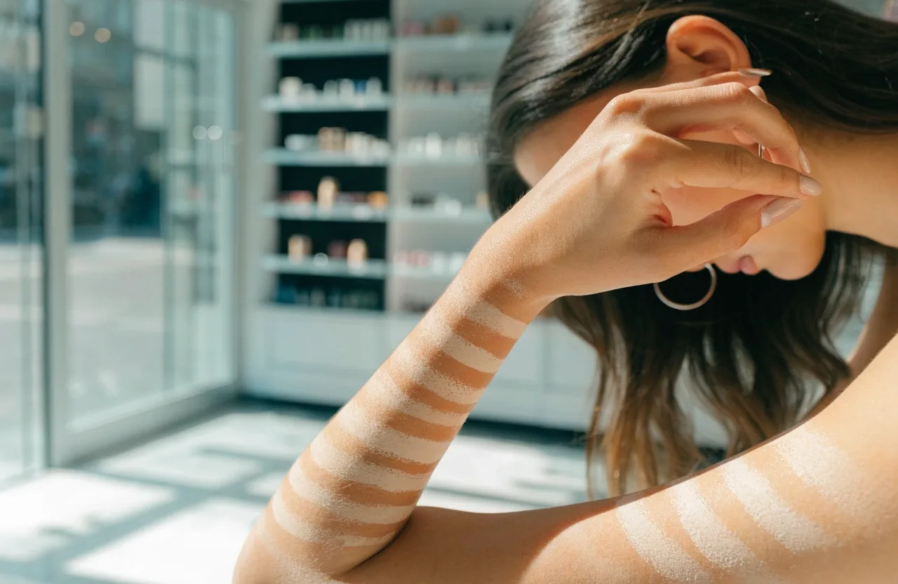 A woman comparing cream foundation swatches on her forearm in daylight