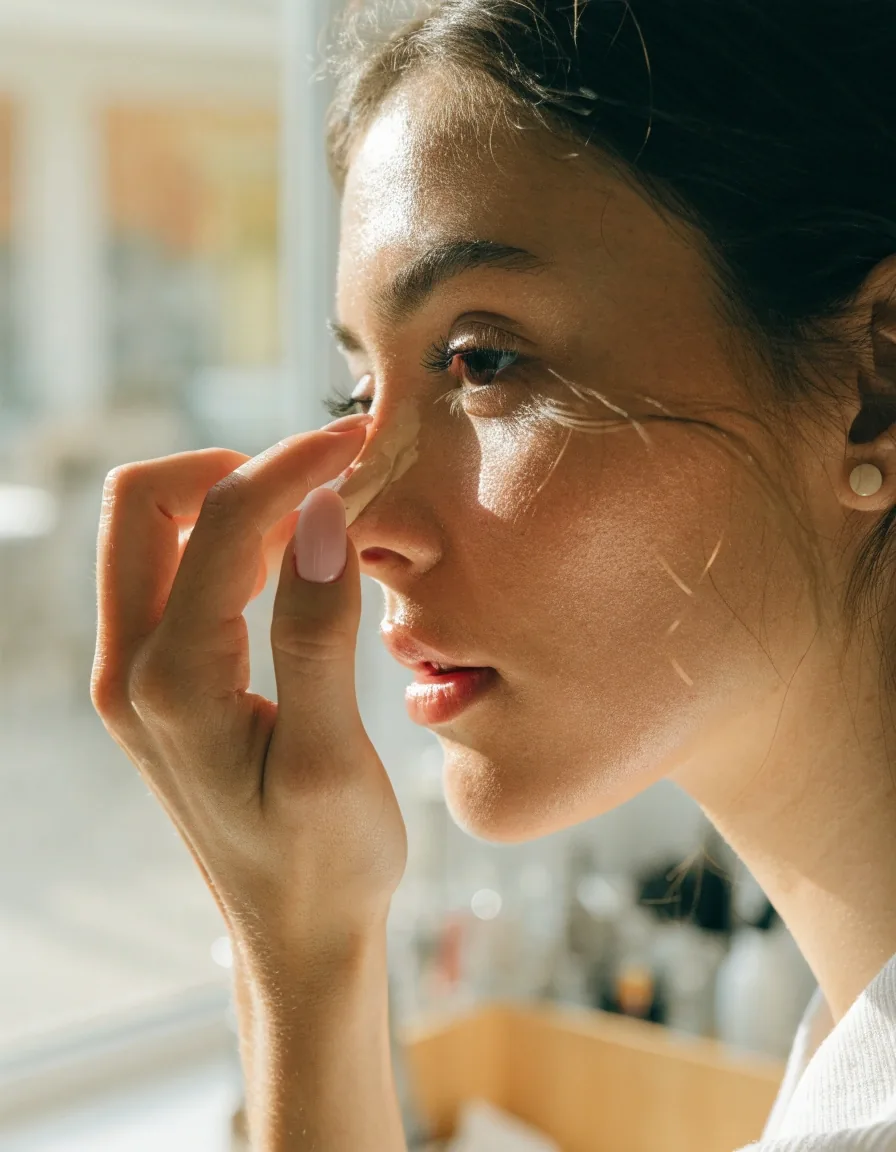 A woman applying a creamy concealer under her eye at a bright apartment window