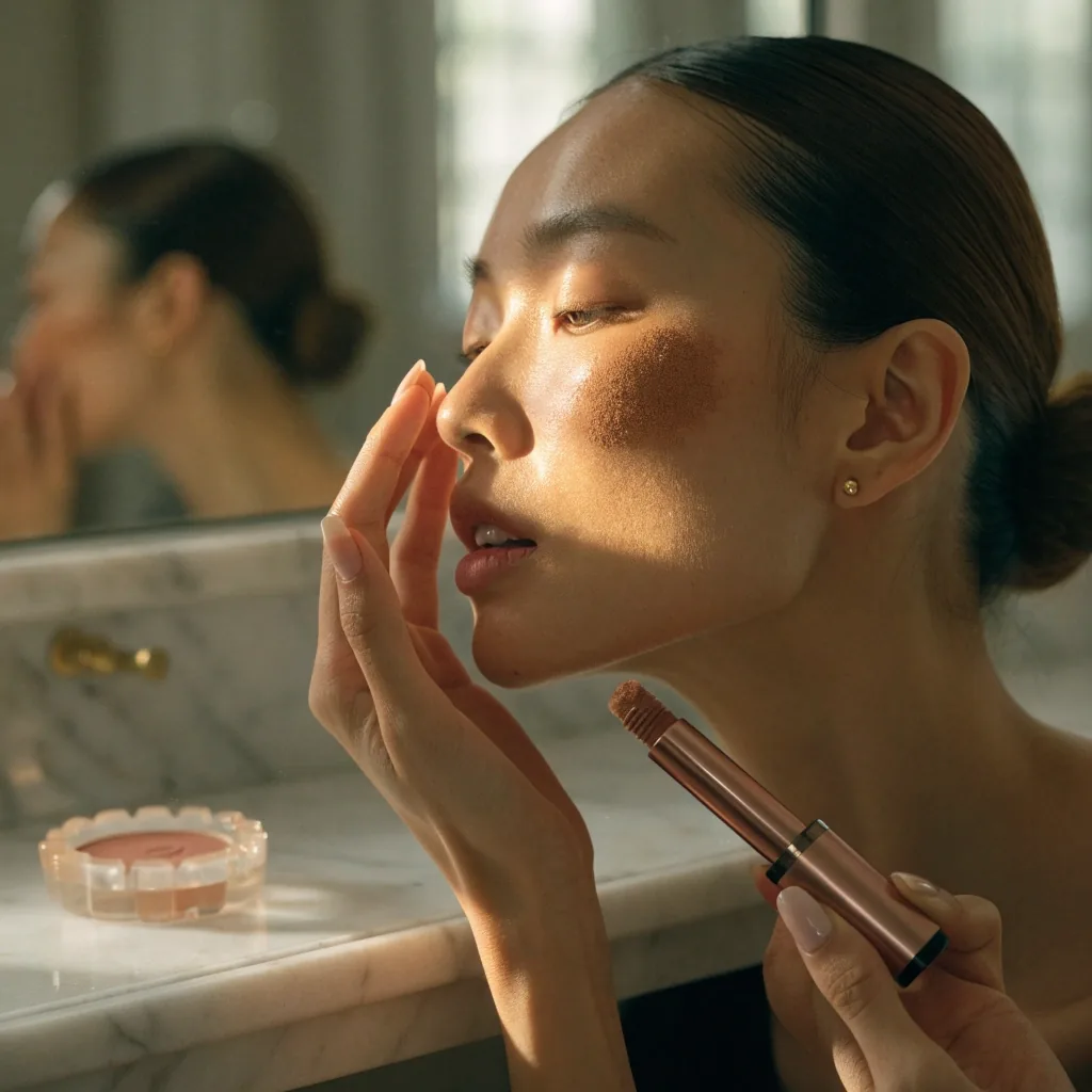A cream-to-powder multi-use stick with a warm swatch pressed onto an ivory towel
