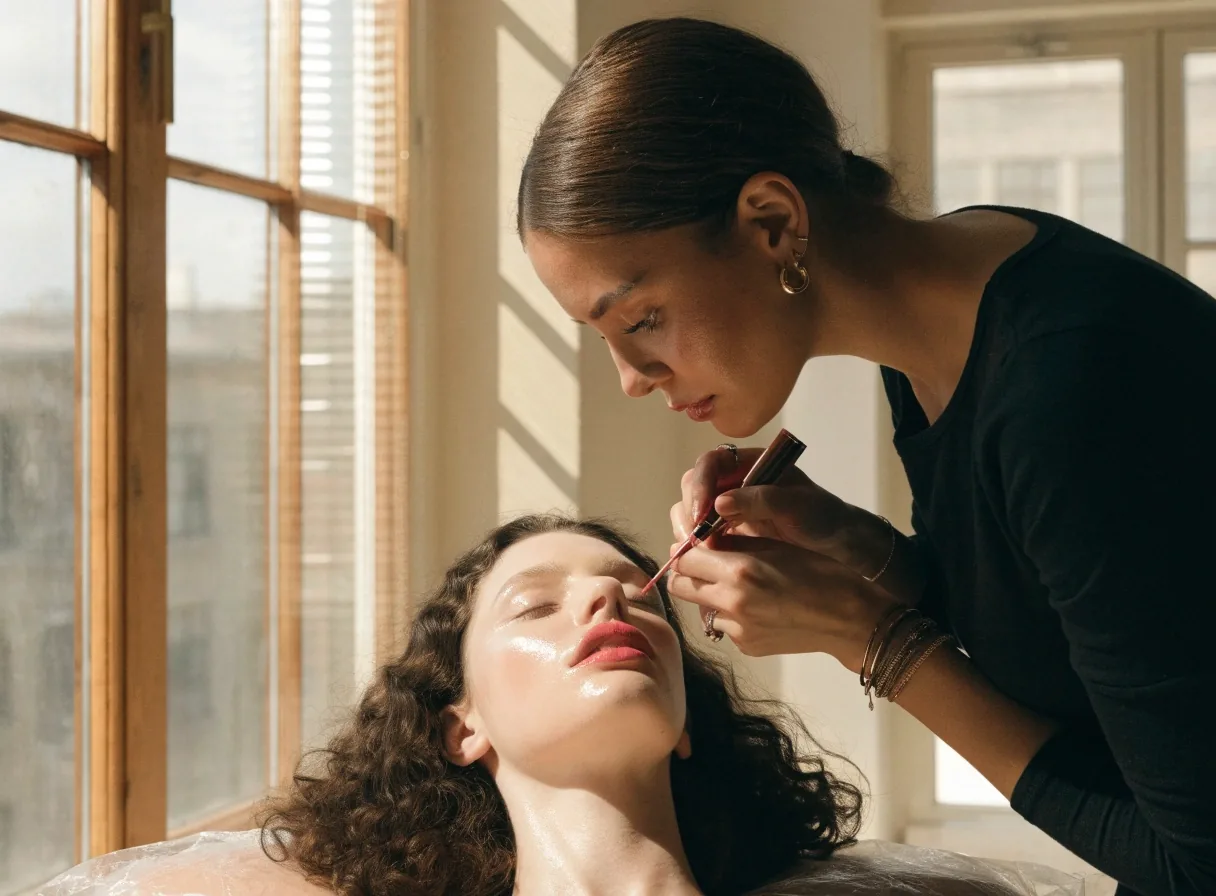 A close-up of a glossy lip finish catching window light
