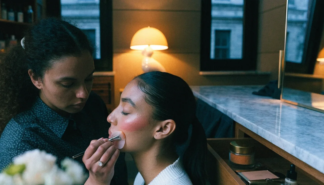 A quiet New York beauty studio interior at dusk with a marble vanity