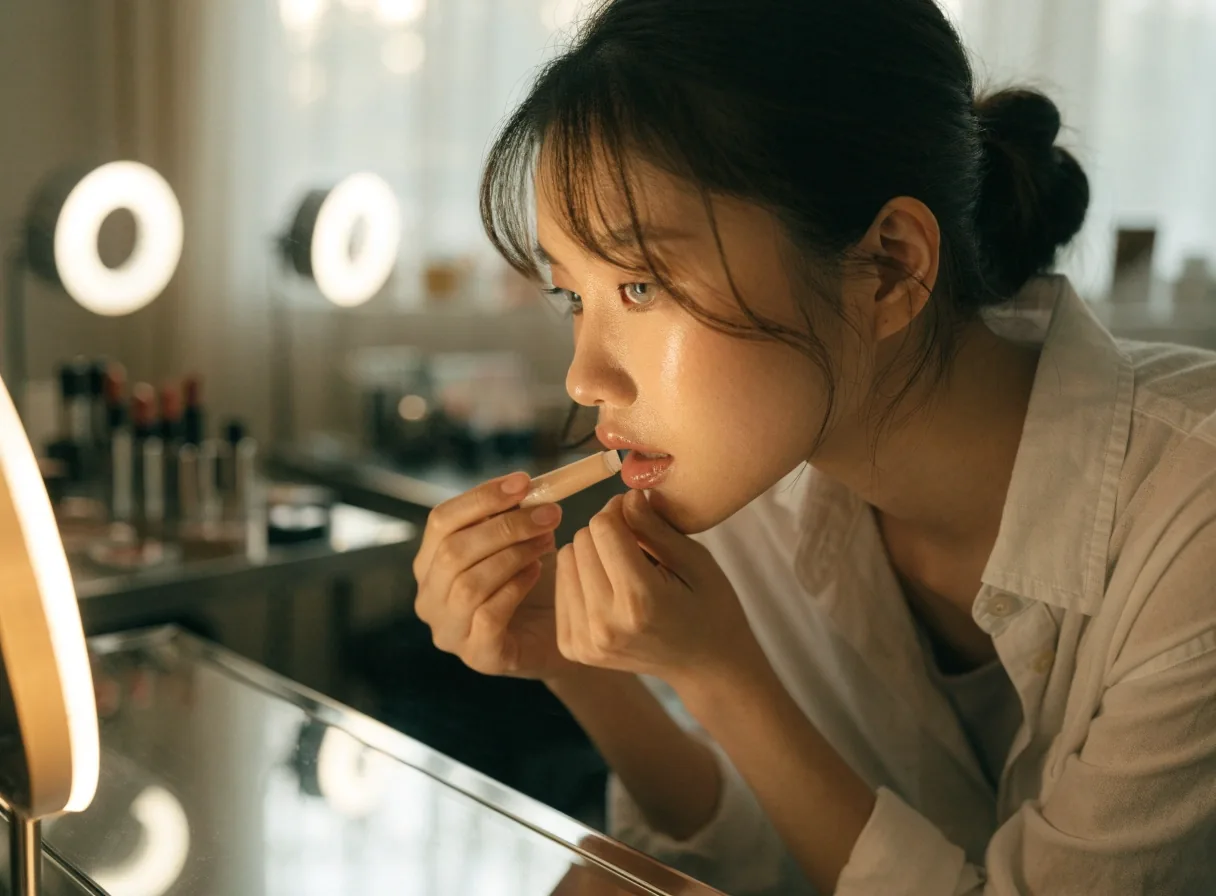 A woman applying a tinted lip balm in soft morning light
