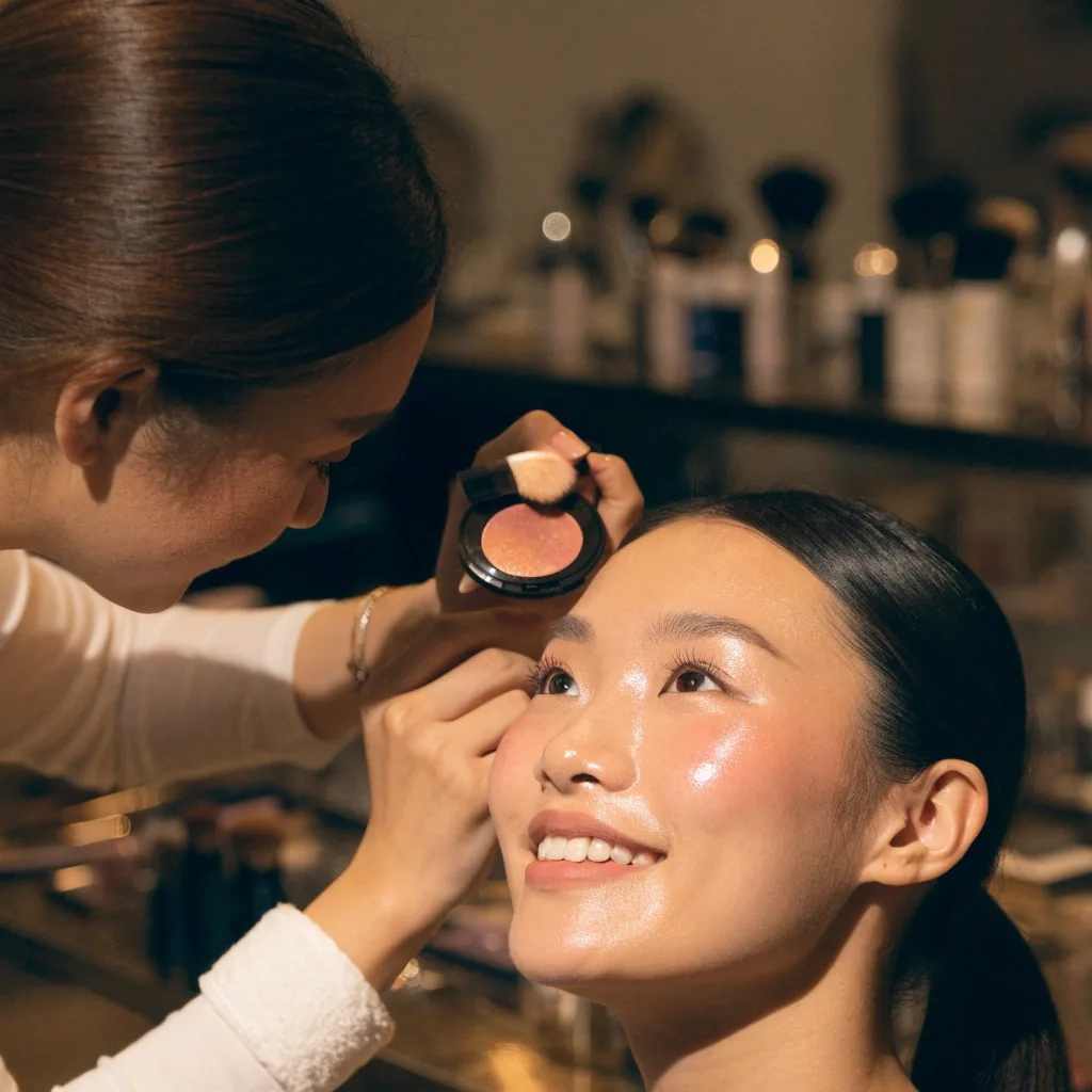 An open peach-pink powder blush compact with a cheek brush on a marble surface