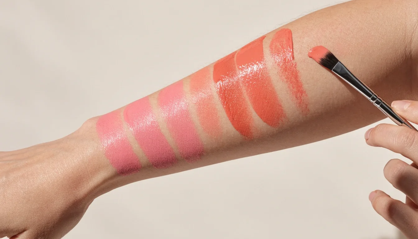 A pan of peachy-pink pressed blush with a soft sheen beside a fine soft brush