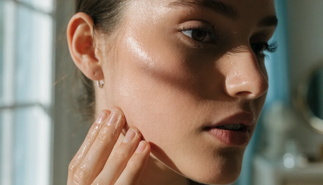 A makeup artist blending a smooth base across a model's cheek with a damp sponge