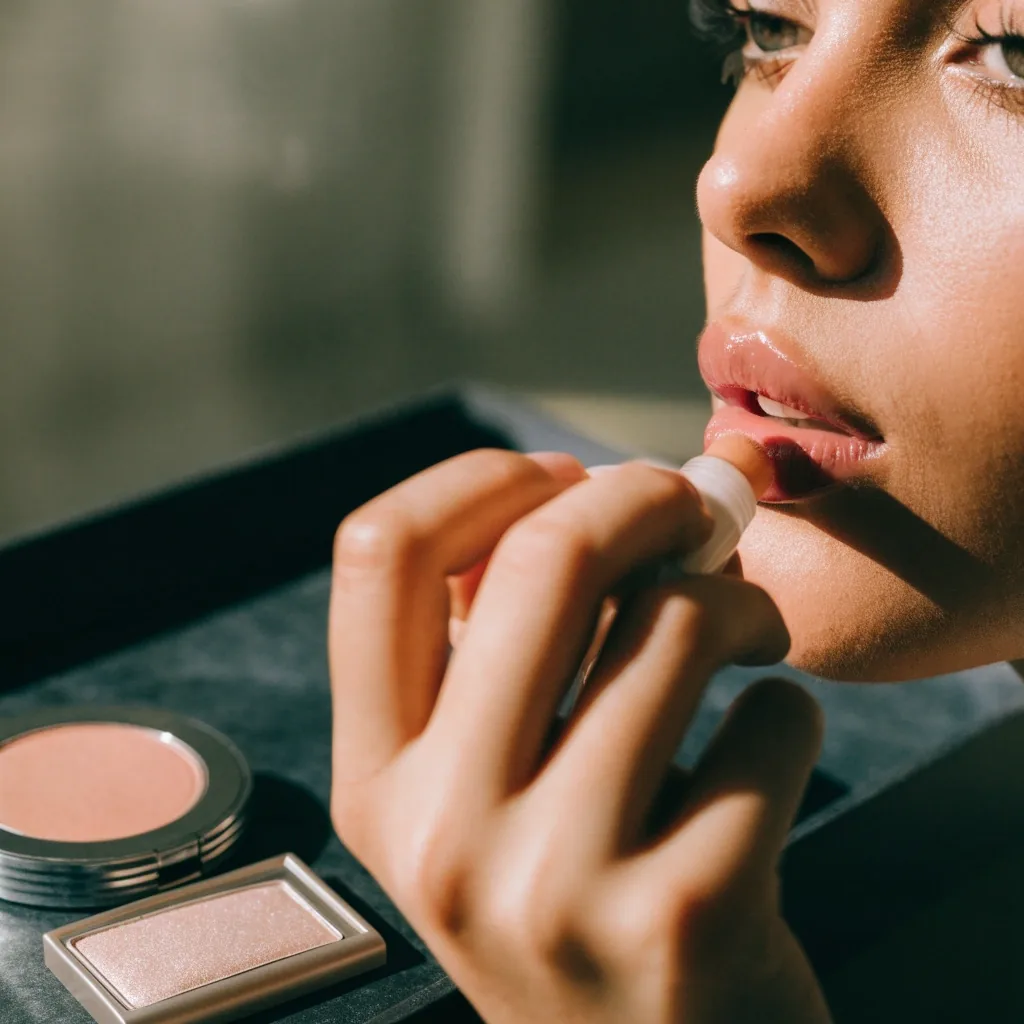 A short makeup routine laid out on a dark slate surface with blush, brush, balm and concealer