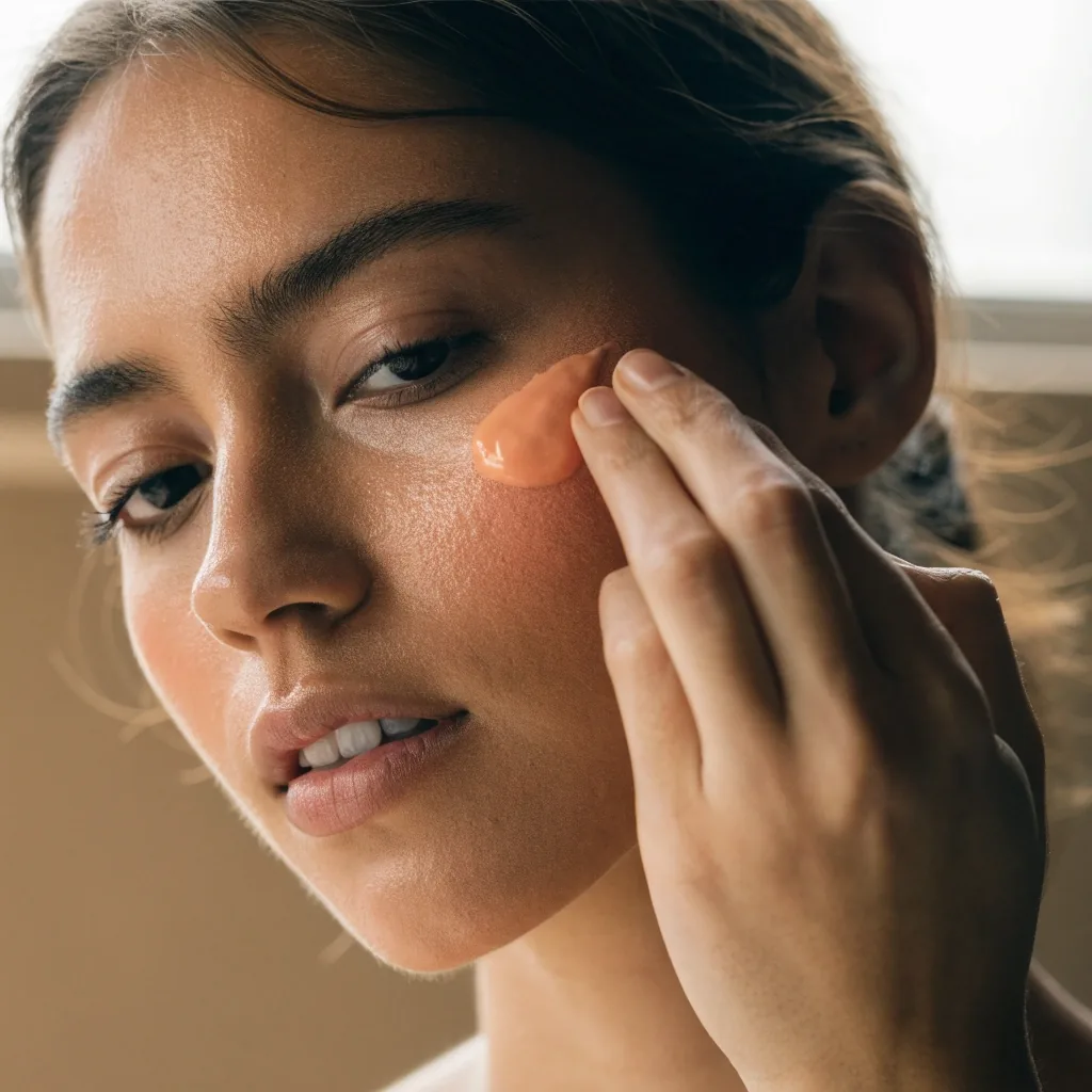A model with luminous bare skin in soft window light showing a faint peachy flush
