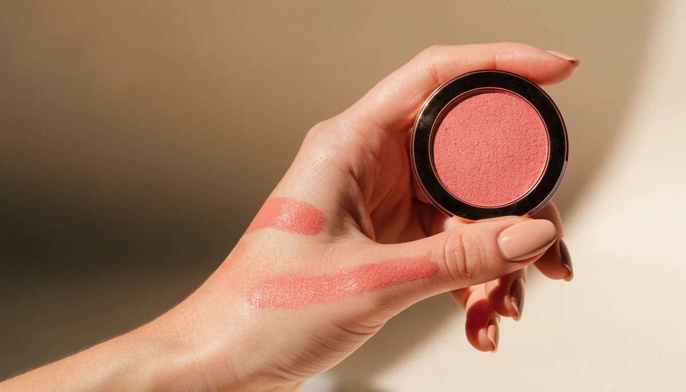 A closed peachy-pink blush compact resting on a dark polished surface beside a soft brush