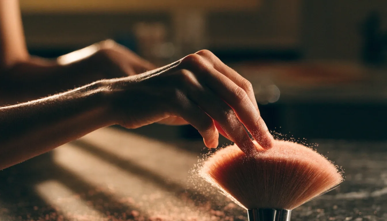 A makeup artist's hand lifting peachy-pink blush powder on a fan brush above a dark vanity
