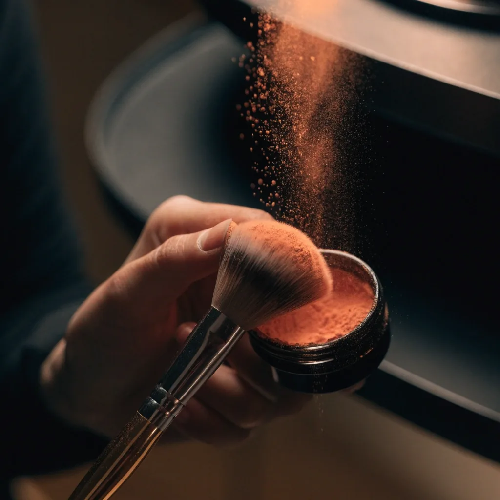 A makeup artist tapping excess blush powder from a soft brush into a dark glass dish
