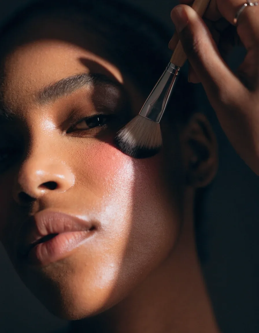 A soft blush brush resting on a model's cheekbone in warm studio light
