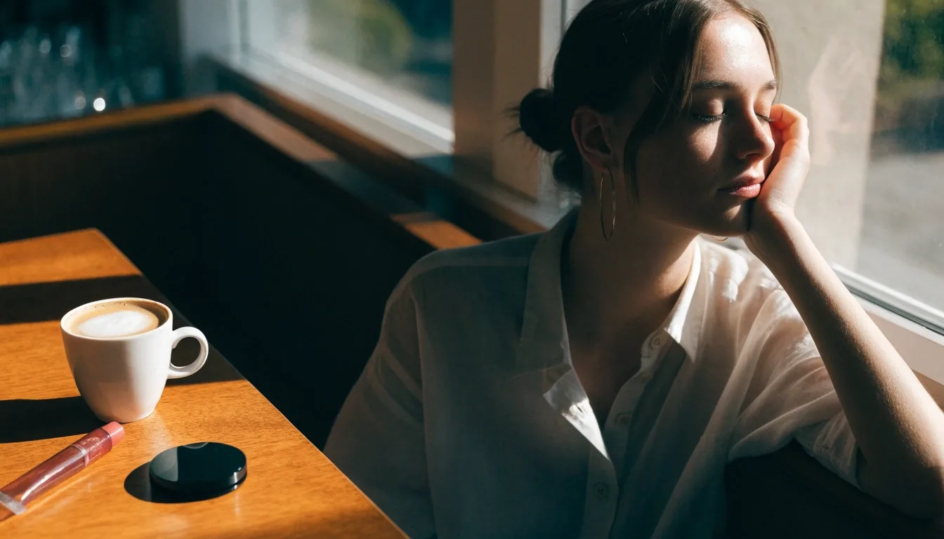 A reader at a cafe window with a compact mirror and lip balm resting on the table