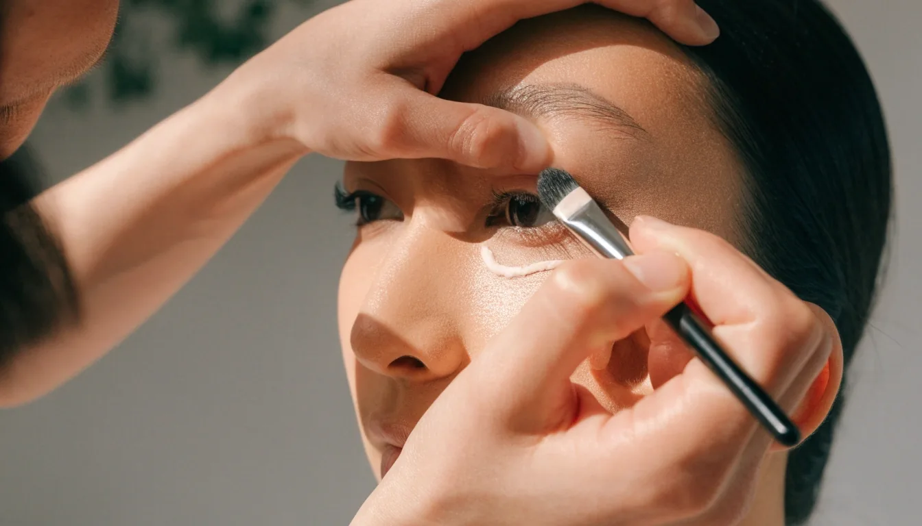 Makeup artist applying cream concealer under the eye with a small brush