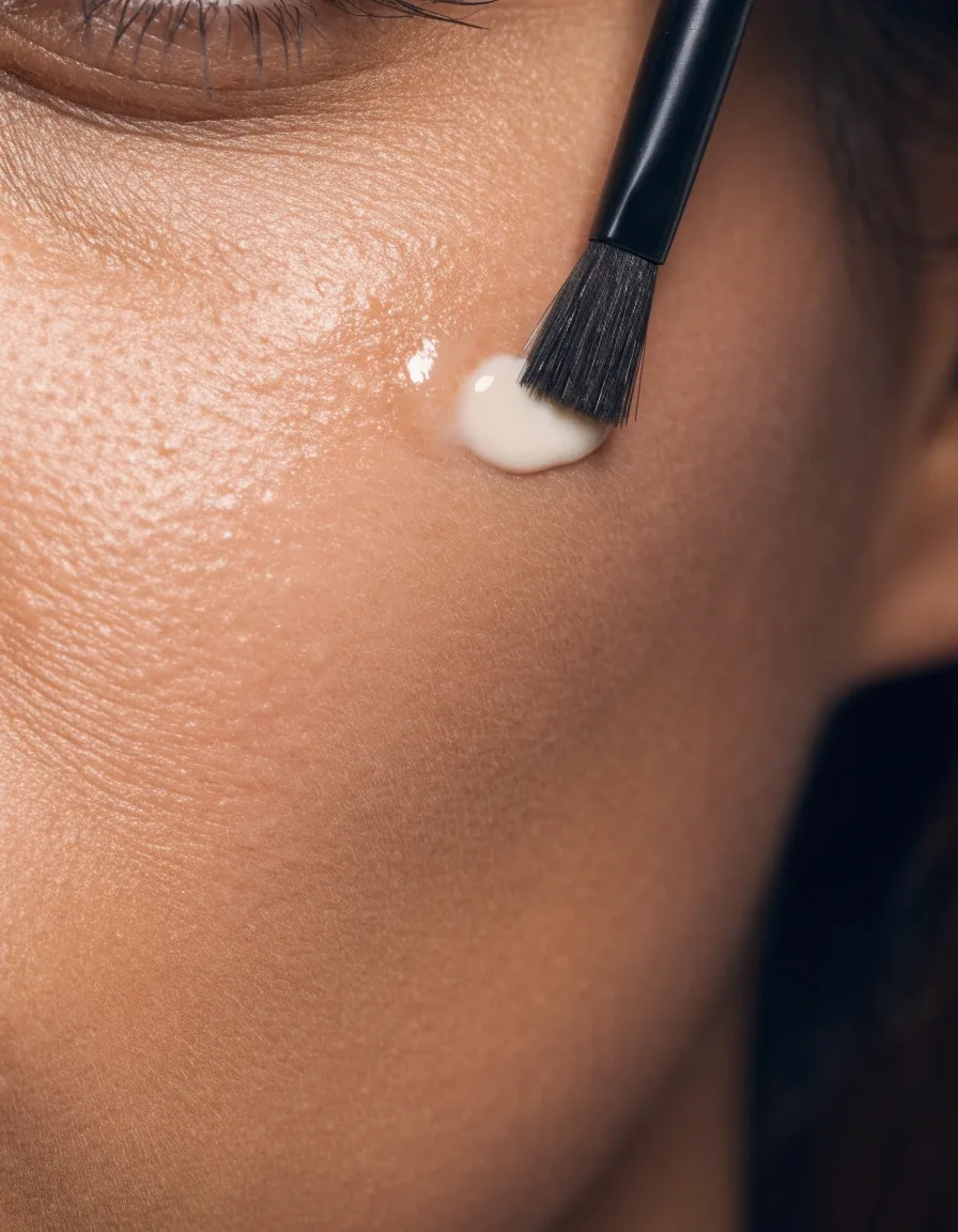Small synthetic brush tapping concealer onto a single spot on the cheek