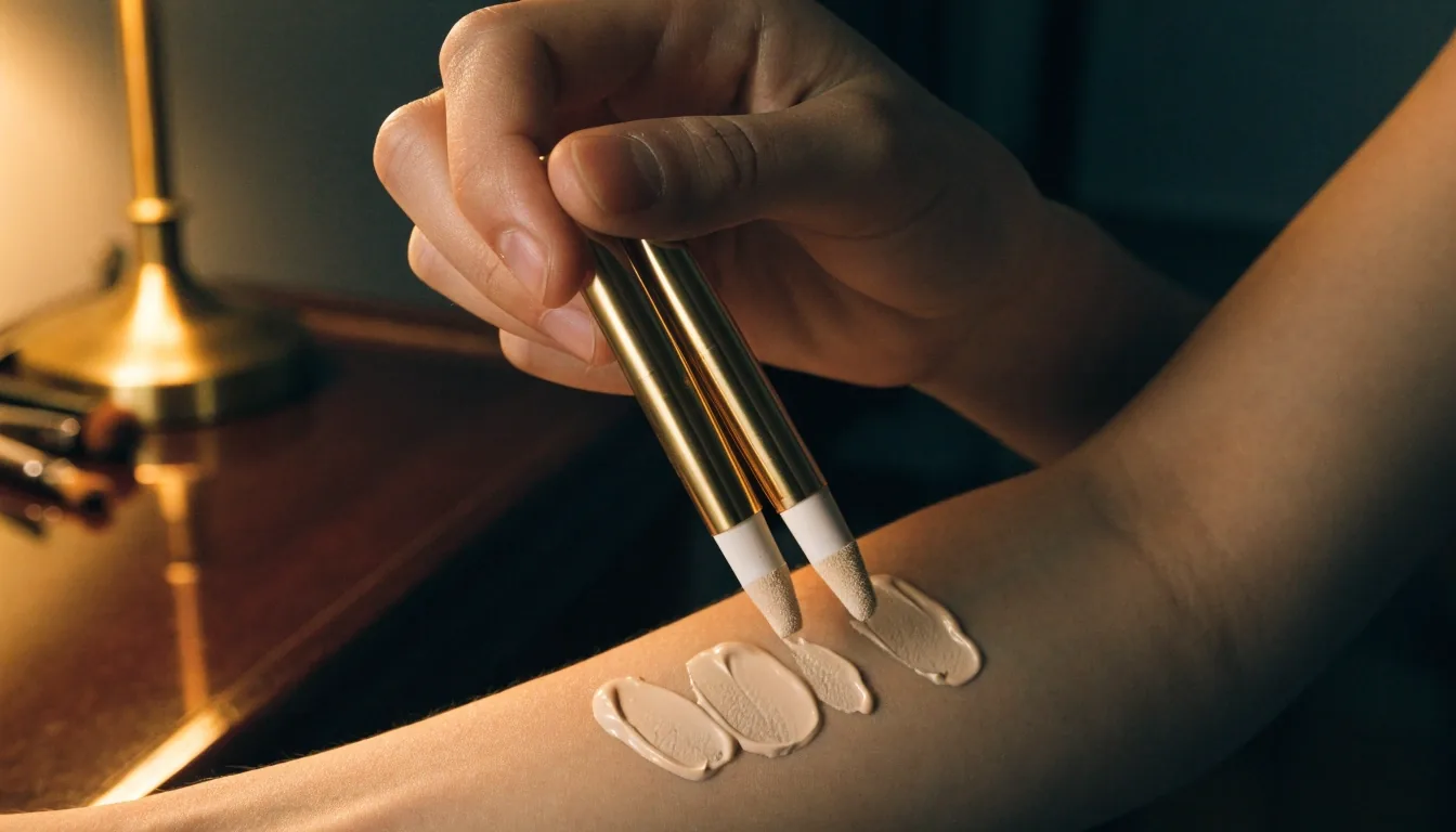 Two concealer tubes on a dark dressing table in warm evening light