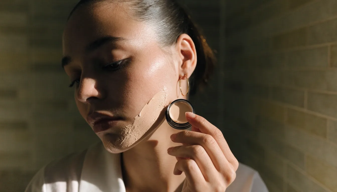 Woman checking concealer on her jaw in warm morning light