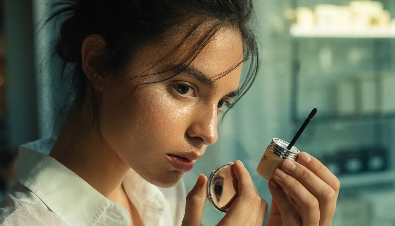 Woman comparing concealer in a hand mirror near a window