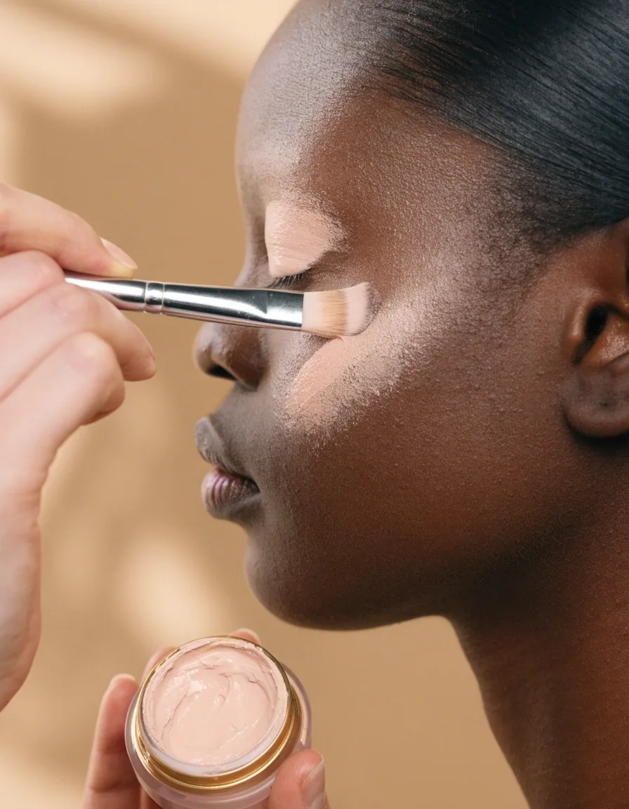 Woman applying cream concealer beneath one eye in daylight
