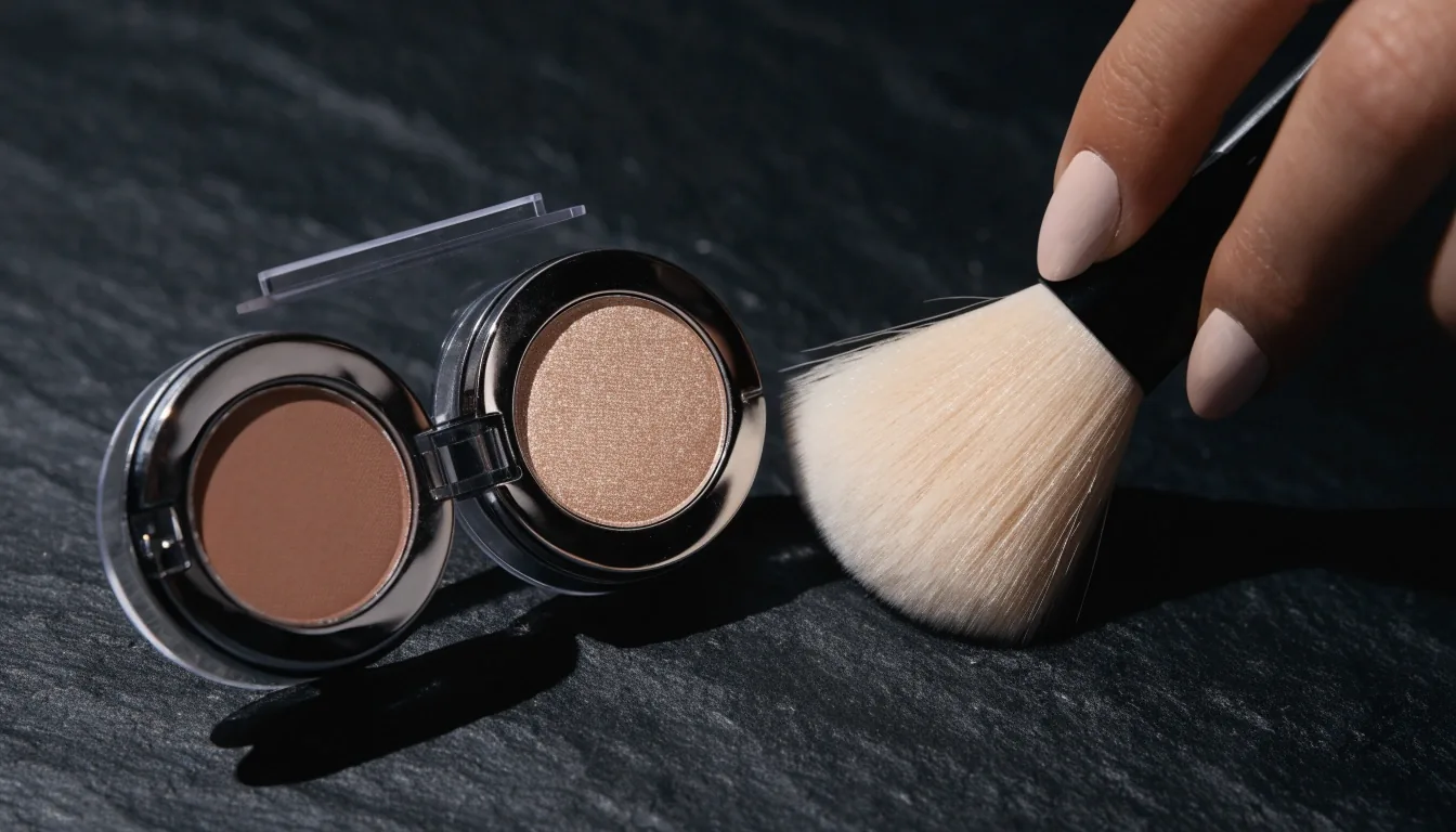 A duo eyeshadow compact with a matte and a shimmer shade side by side beside a crease brush