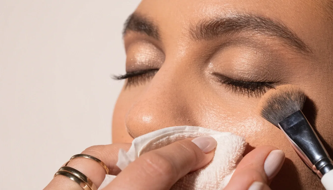 A fluffy brush held above a cheek with a tissue under the eye to catch falling eyeshadow powder