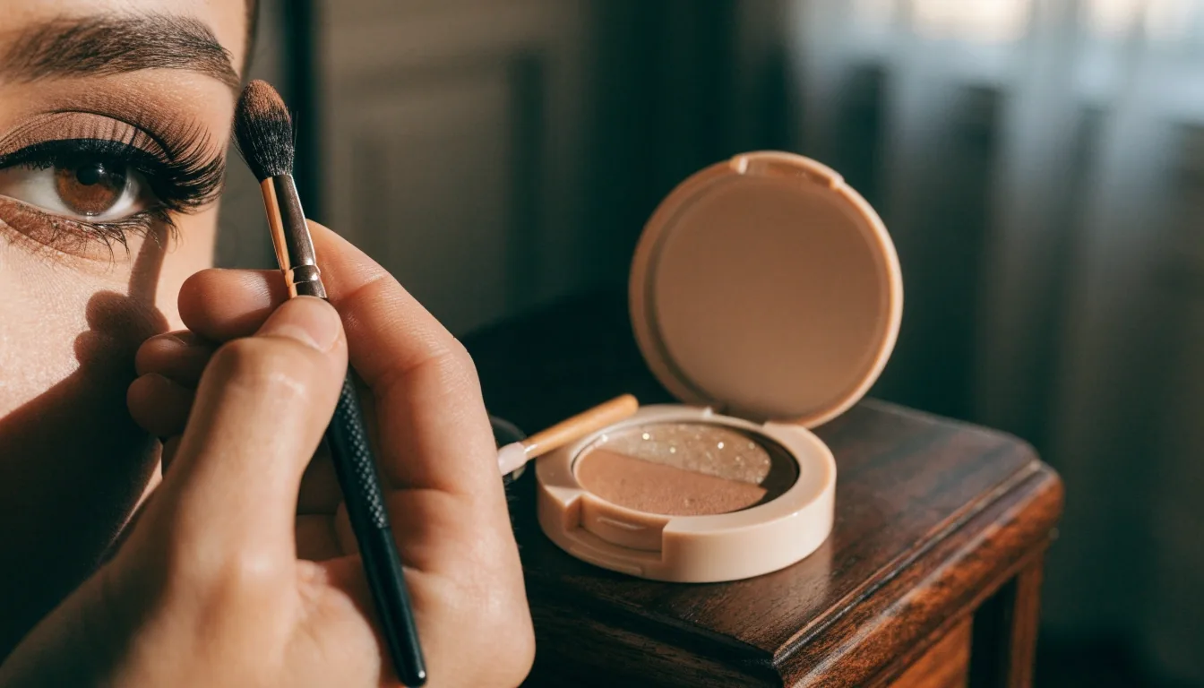 A neutral duo compact beside a shimmer single eyeshadow on a dark walnut surface in warm light